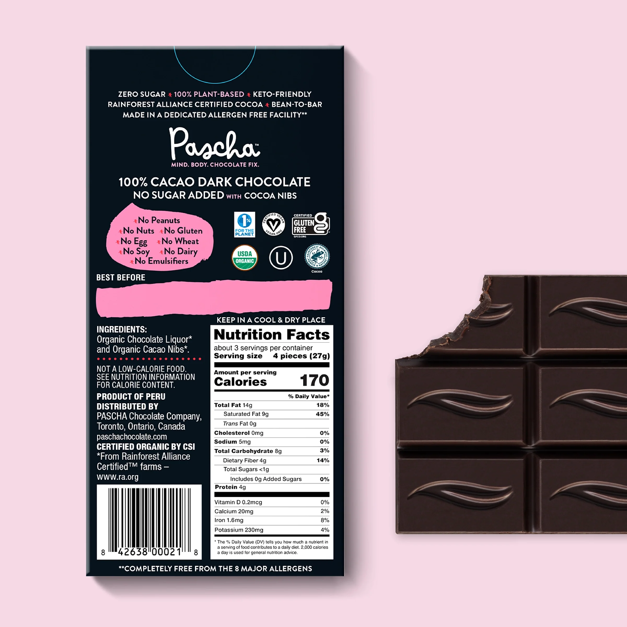 100% Cacao Organic Vegan Dark Chocolate Bar with Cocoa Nibs (10 Bar Pack) - Image 3