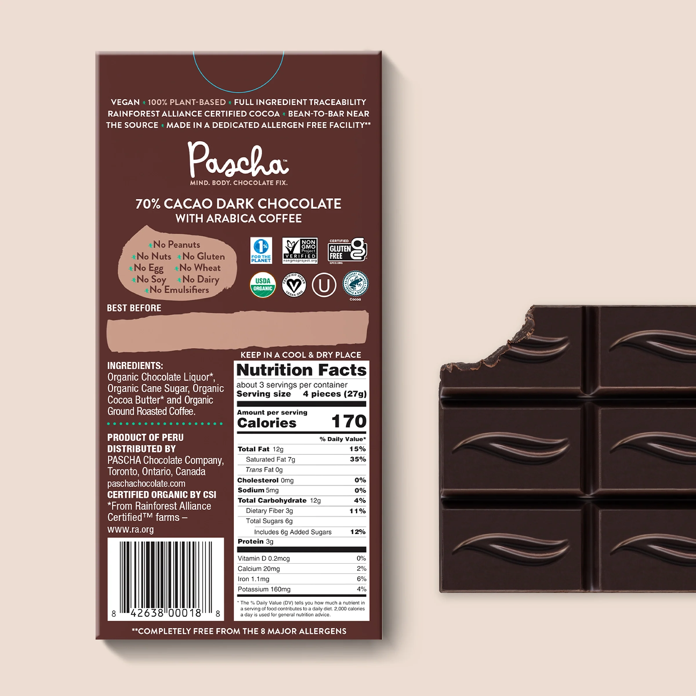 70% Cacao Organic Vegan Dark Chocolate Bar with Arabica Coffee (10 Bar Pack) - Image 3