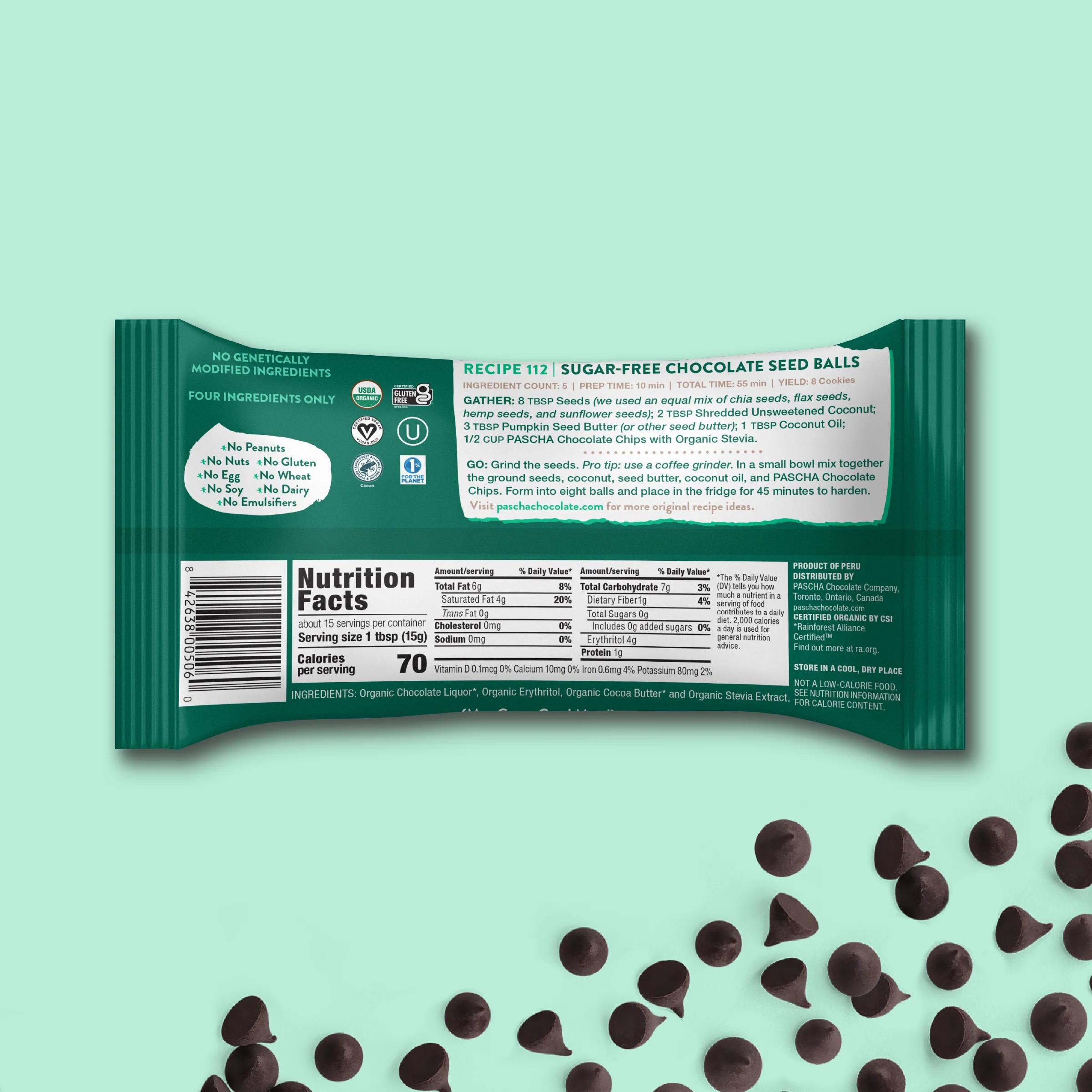 70% Cacao Organic Vegan Bitter-Sweet Dark Chocolate Chips with Stevia (6 Bags) - Image 3